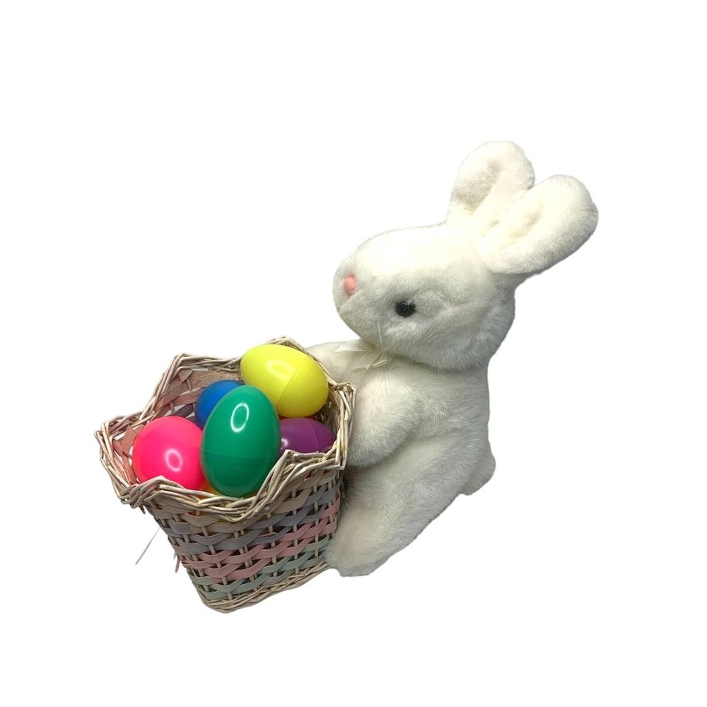 One Stop Plush Bunny Rabbit Easter White Holding basket full of Fillable Eggs Vi